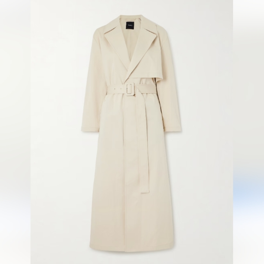 Theory Belted Organic Cotton Blend Long Twill Trench Coat Sz-XL